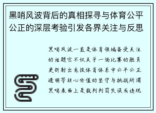 黑哨风波背后的真相探寻与体育公平公正的深层考验引发各界关注与反思